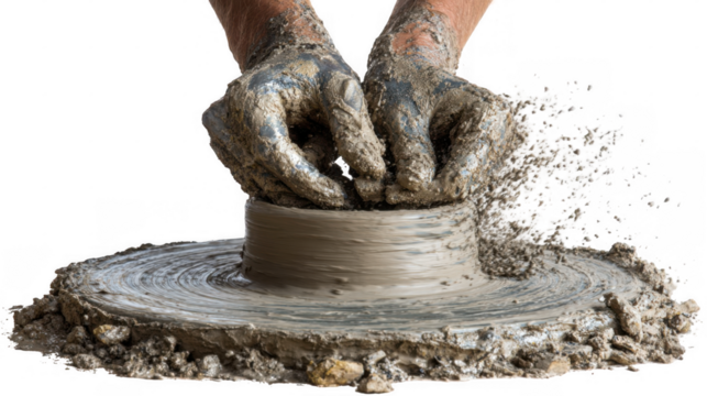 Potter's muddy hands skillfully shaping wet clay on a spinning pottery wheel, crafting a vessel with precision and artistry, transparent background included for easy integration into designs