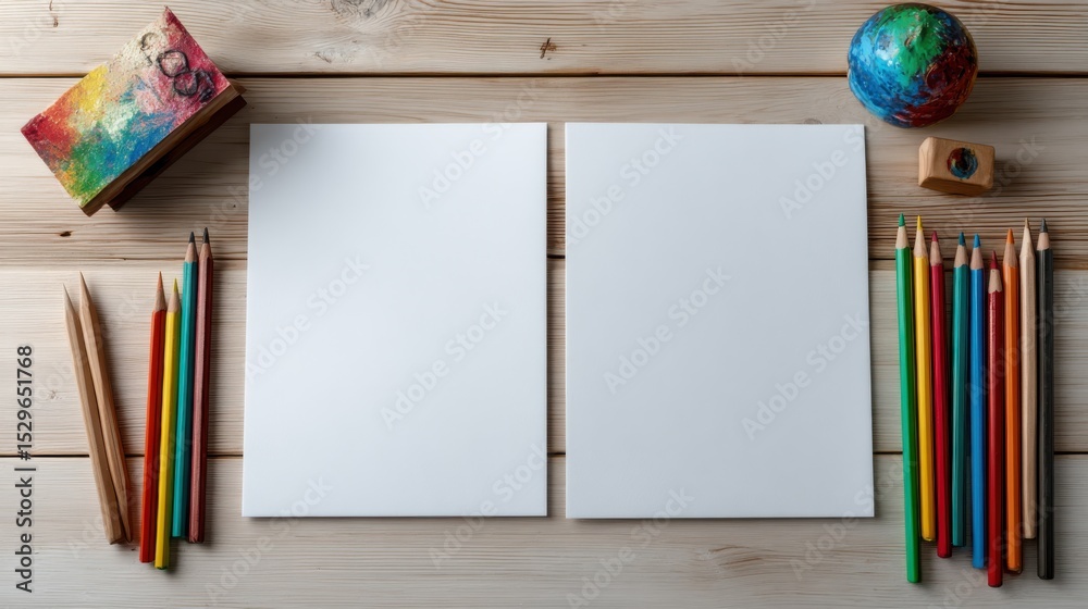 Poster two blank sheets of paper with colorful pencils and globe, representing creativity and educational r