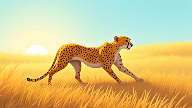 Cheetah stretching in golden grass under a clear blue sky at dawn
