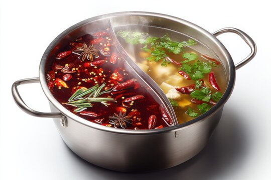 Yin Yang Hot Pot With Spicy and Mild Broths, Representing Culinary Diversity and Healthy Eating Habits for Food Blogs and Restaurant Menus : Generative AI