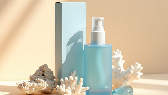 Cosmetic packaging mockup with natural elements on beige background. Blue bottle, box, driftwood, coral and glass stone in sunlight. Minimalist skincare branding concept.