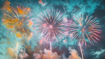 Fototapeta premium Gentle pastel fireworks bursting in watercolor-style splashes of soft yellow, pink, and blue against a twilight sky for New Year 2026.
