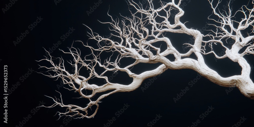 Poster White Branching Tree Against Black Backdrop, Symbolizing Minimalism and Winter's Stillness for Creative Projects and Artistic Expression : Generative AI