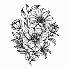 Black and White Line Art Flower Bouquet Drawing