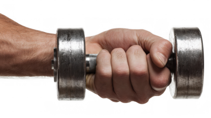 Close up of a muscular hand firmly gripping a heavy dumbbell, showcasing prominent veins and highlighting strength and fitness on a transparent background