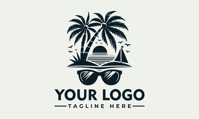 Stylized tropical beach illustration with palm trees, sun, ocean waves, and sunglasses in a circular frame. Summer vacation concept