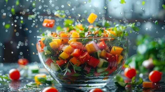 An appetizing image of a fresh vegetable salad in a glass bowl, with droplets of water adding a sense of freshness, and colorful ingredients highlighting healthy eating and vitality.