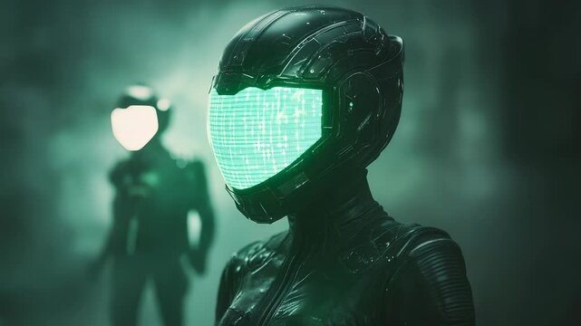 Futuristic figures wearing helmets with luminous visors in a misty, advanced environment