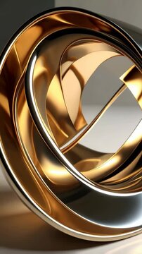 Abstract gold and silver metallic toroid sculpture, a modern art piece with curved polished bands and fluid forms illuminated by diffused lighting on a neutral backdrop