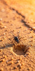 Small insect emerges from tiny fracture in arid soil surface