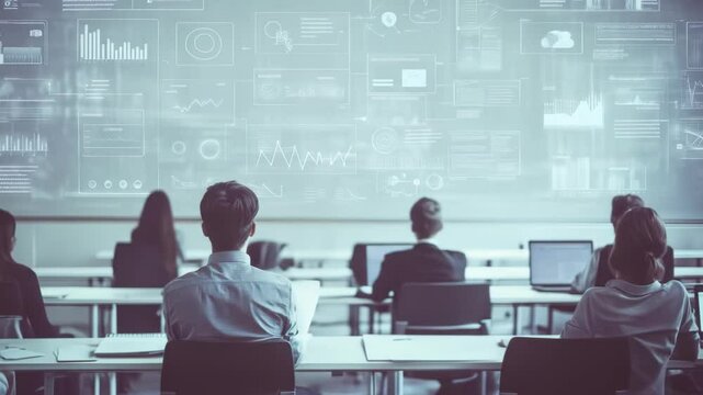 A group of businessmen gathered in a sophisticated seminar room. Seamless looping animation of digital glow particles, perfect for background use.