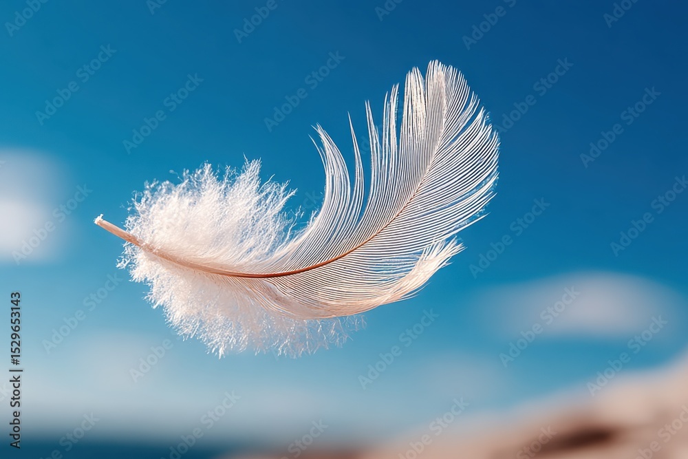 Poster floating feather against blue sky, symbolizing freedom and lightness for wellness and serenity proje