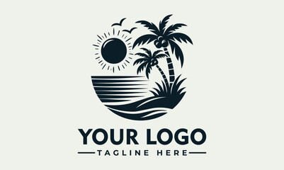 Stylized tropical beach illustration with palm trees, sun, ocean waves, and sunglasses in a circular frame. Summer vacation concept