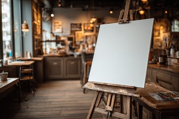 Blank Canvas on Easel in Cozy Cafe, Representing Artistic Expression and Creative Inspiration for Business Branding and Marketing Campaigns : Generative AI
