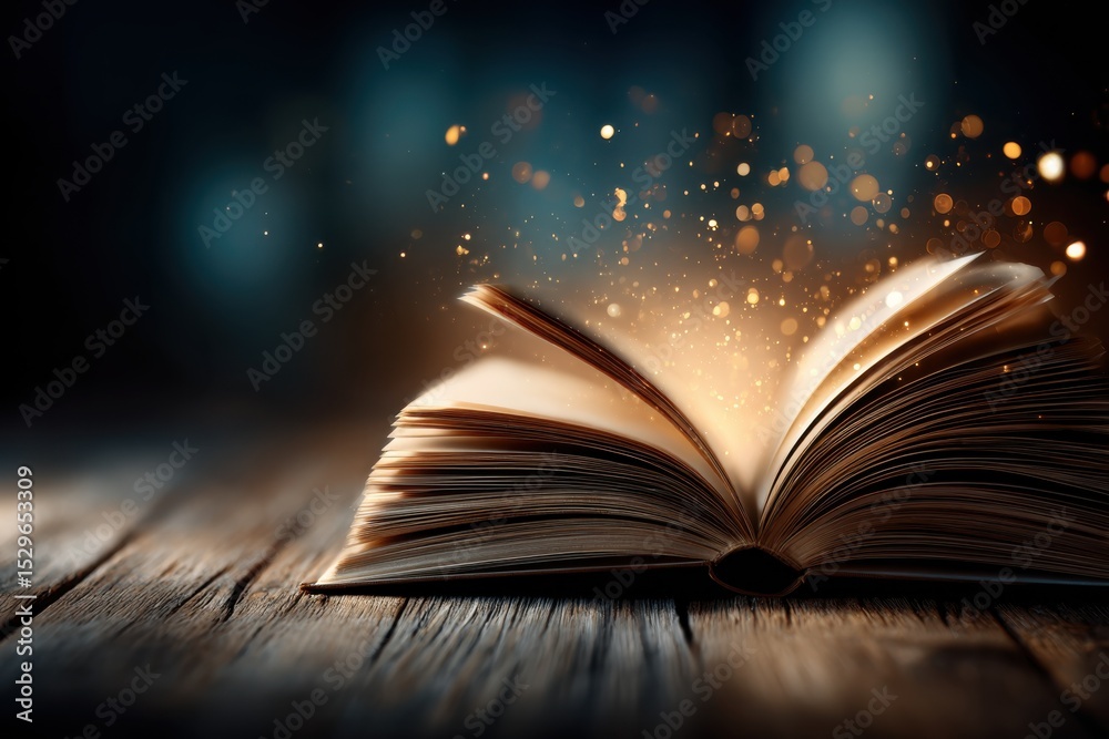 Poster open book on a wooden table with glowing particles, symbolizing knowledge, education and storytellin