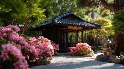 Obraz premium Peaceful japanese garden pavilion surrounded by blossoming azaleas.