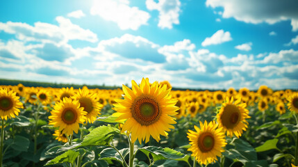 Yellow sunflowers on a field in summer sunlight