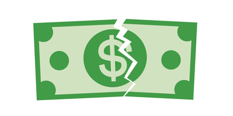 Torn dollar banknote with green color illustration vector design. Money decrease, falling value, currency depreciation, price down, profit loss, warning of financial crisis, recession.