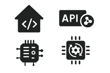 Smart Home Icons. Solid style icons of smart home development: code icon, API block, hardware module, test chip. Solid style of