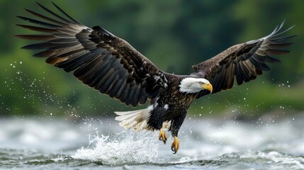 Fototapeta premium A majestic eagle soars above tranquil waters, capturing the essence of freedom and strength in nature, embodying the spirit of the wild and its incredible beauty.