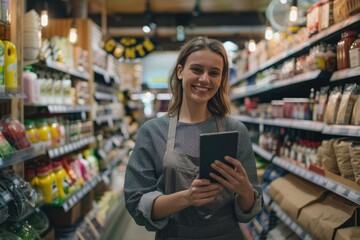 Pixel Perfect Picture of Happy Supermarket Owner Using a Digital Tablet in Her Grocery Store