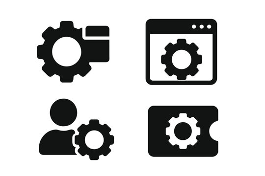 UI Settings Icons. Solid style icons of settings for support tools: gear menu, config tab, panel toggle, preference icon. Solid