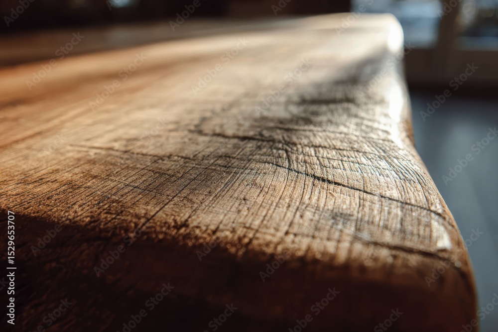Poster close-up of a rustic wooden table top in warm sunlight, ideal for product mockups and natural materi