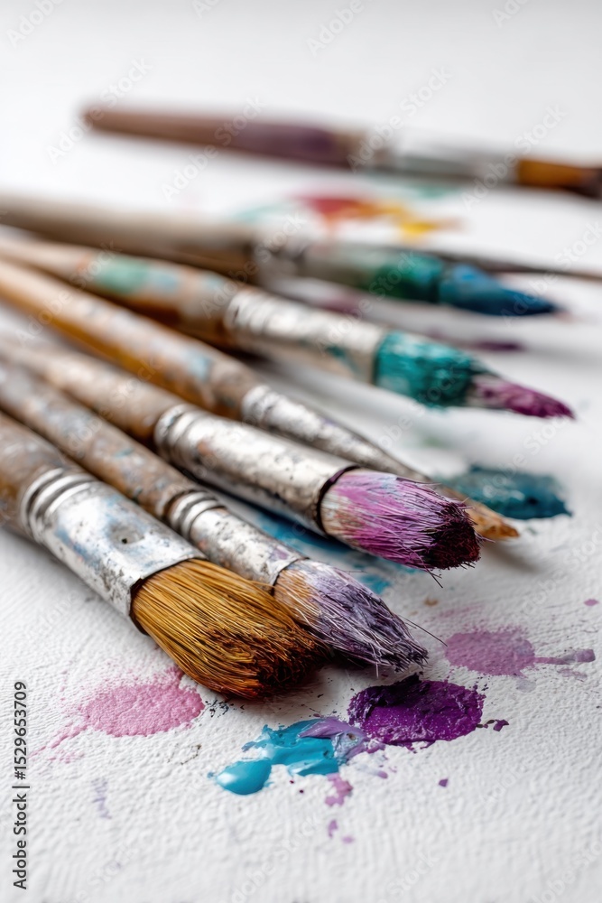 Poster paint brushes covered in various colors on white canvas, illustrating artistic expression and creati