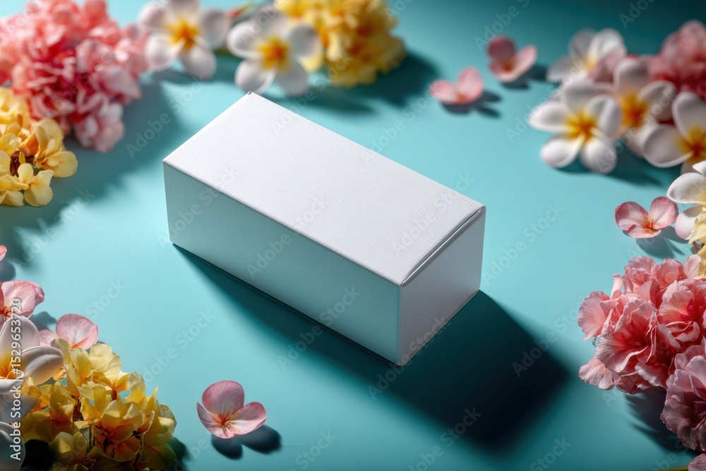 Poster white box on blue background surrounded by colorful flowers, ideal for branding mockups and product 