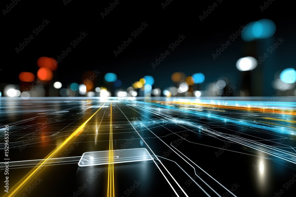 Poster Abstract Cityscape With Glowing Data Streams, Representing Digital Transformation and Technological Advancement in Urban Planning and Connectivity : Generative AI