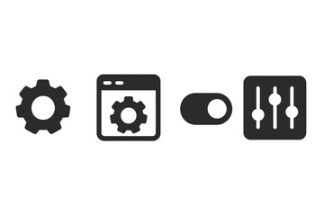 Solid System Settings Icons. Solid style icons of system settings: gear tool, config tab, control toggle, preference panel. Solid