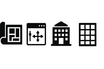 City Design Icons. Solid style icons of city design: layout blueprint, UI tool, building view, grid panel. Solid style of site