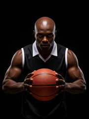 Intense African American Basketball Player Ready for Action Holding Ball in Dark Studio