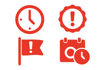 Deadline Icons Collection. Solid style icons of deadlines: red clock, countdown badge, critical flag, due icon. Solid style of