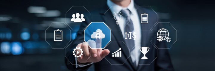 Businessperson interacting with a digital interface displaying various business icons.