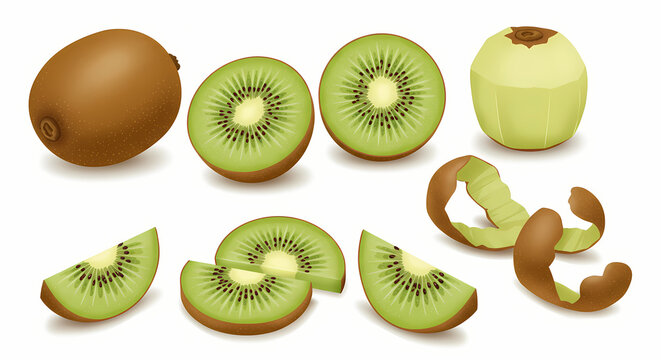 Illustrated set of kiwi fruit: whole fuzzy kiwi, cut in half revealing seeds, round slices, and peeled wedge, all in modern flat vector style with soft shadows and white background
