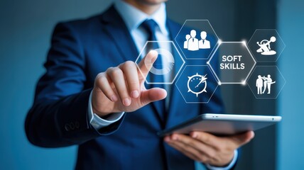Hand interacting with a digital interface displaying soft skills icons.