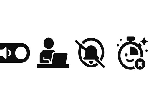 Quiet Productivity Icons. Solid style icons of quiet productivity features: digital silence toggle, quiet work session, mute