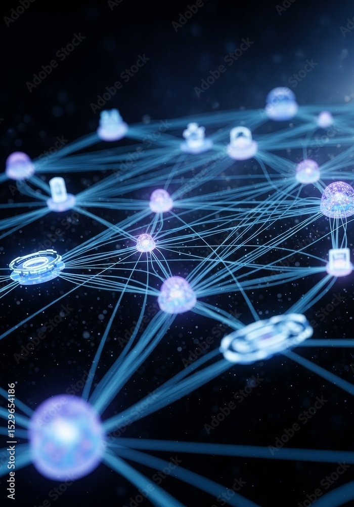 Poster global network connections - abstract depicting a complex network of interconnected nodes, represent