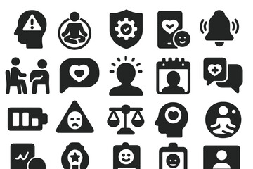 Digital Mental Health Icons. Solid style icons of digital mental health support: mental health alert, meditation timer, stress