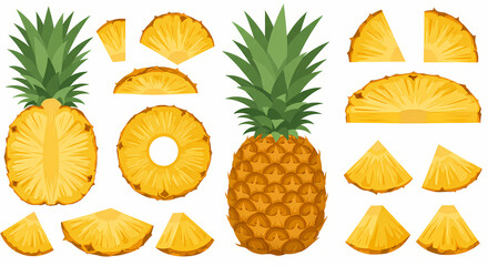 Vector composition of pineapples in different cuts: full pineapple with crown, ring slices, quarter cuts, and chunks, flat tropical design with modern clean lines and vivid colors
