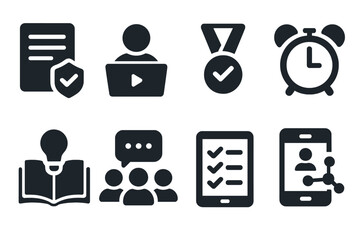 Personalized Learning Icons. Solid style icons of personalized learning journeys: content adjustment badge, webinar participation