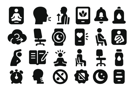 Remote Wellness Icons. Solid style icons of remote wellness practices: meditation app icon, breathing exercises, posture check,