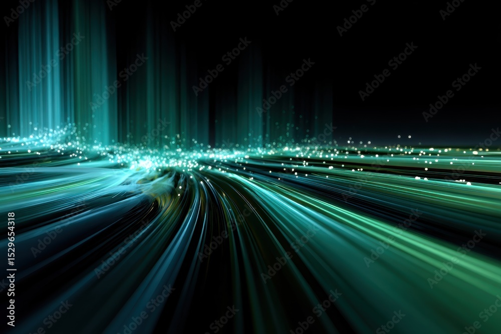 Fototapete Abstract Lines of Light in Teal and Black, Representing Data Flow and Digital Transformation, Suitable for Technology and Innovation Presentations : Generative AI