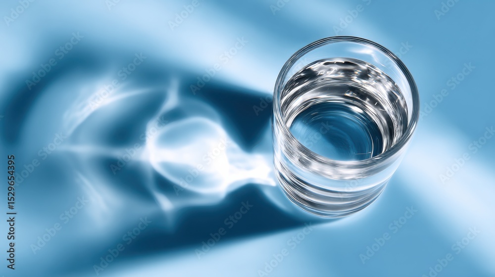 Poster glass of water on blue surface with abstract shadow, representing purity and refreshment for health 