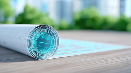 Unrolled Blueprint with Glowing Digital Grid on Wooden Table, Representing Innovation and Technological Advancement for Engineering and Construction : Generative AI