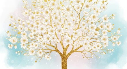 Golden Blossom Tree - A serene symbolizing growth, beauty, prosperity, tranquility, and hope
