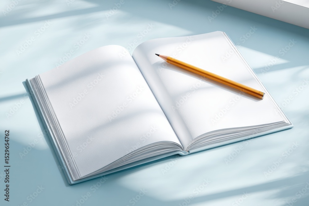 Poster open notebook with blank pages and pencil on blue surface, representing creativity and planning for 