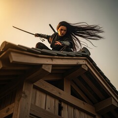 female ninja holding a sword on the old building roof for the mission of assassin