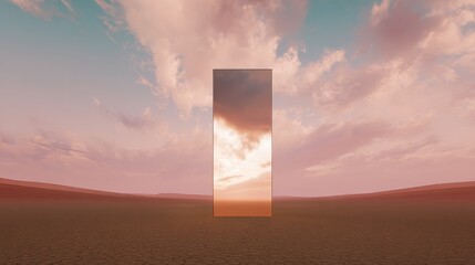 Monolith Reflecting Sky in Arid Landscape, Representing Innovation and Environmental Awareness for Sustainability Projects : Generative AI